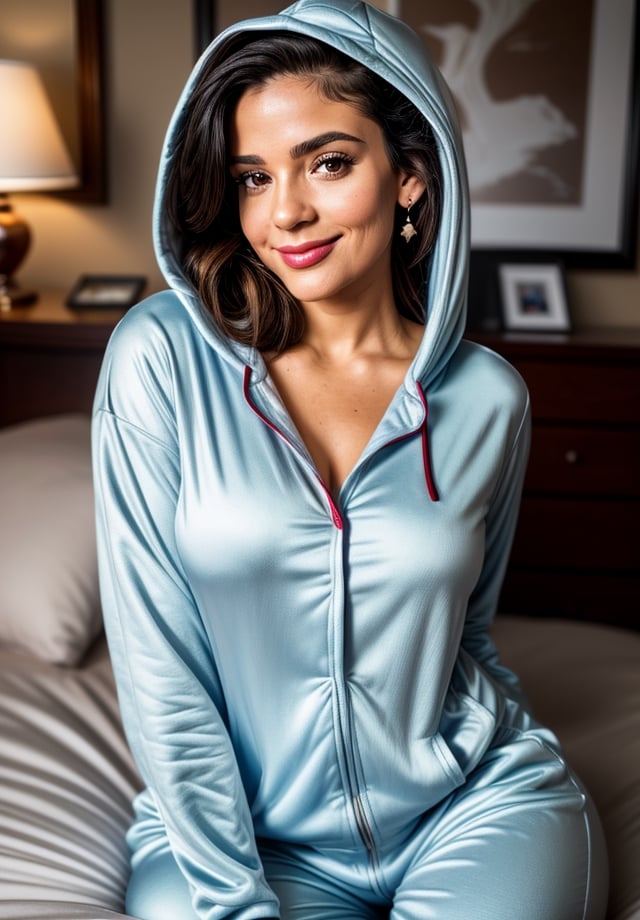 cinematic, medium closeup, shapely Puerto Rican sophisticated nerdy secretary, mischievous smile, short hooded onesie pajama jumpsuit, pin-up style, big breast, cozy bedroom at night

detailed face, detailed eyes, detailed hands, detailed fingers, detailed anatomy:1.5,

8k, HDR, RAW photo, best quality, masterpiece
,Detailedface