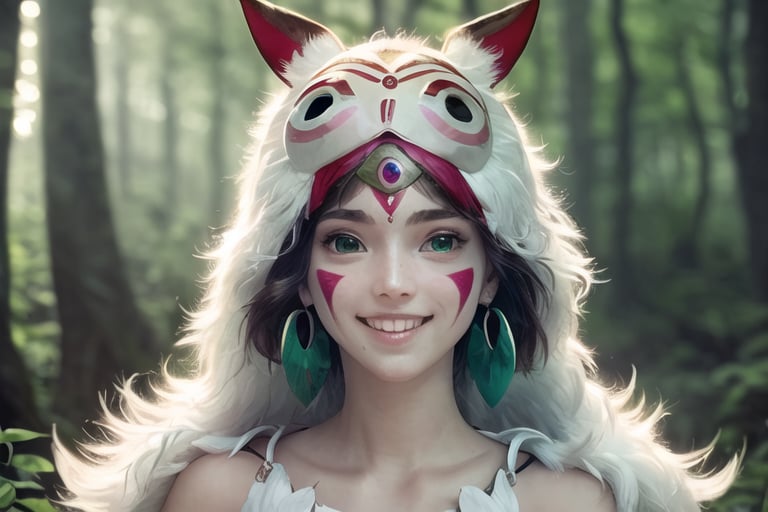 (masterpiece:1.2), (hig quality:1.2), 1girl, full view shot of beautiful princessmononoke, happy and smile, leaf -shaped earrings, high details, realistic, photography, photorealistic, beautifull green and bight detailed  forest at background, softfocus