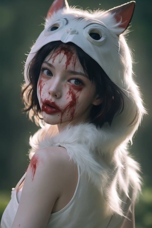 (masterpiece:1.2), (hig quality:1.2), sks woman, a photo, (padded angry), portrait of (princessmononoke:1.3 ), long white fur, realistic, photography, blurry background, softfocus, RAW photo, film grain, Fujifilm XT3, dimly lit, (looking at the viewer:1.3), [( (blood on mouth:1.4), back lit,8k, RAW photo, best quality, (masterpiece:1.2), photon mapping, radiosity, 85 mm focal length ,((cinematic)), big depth of field, film grain, blur, 