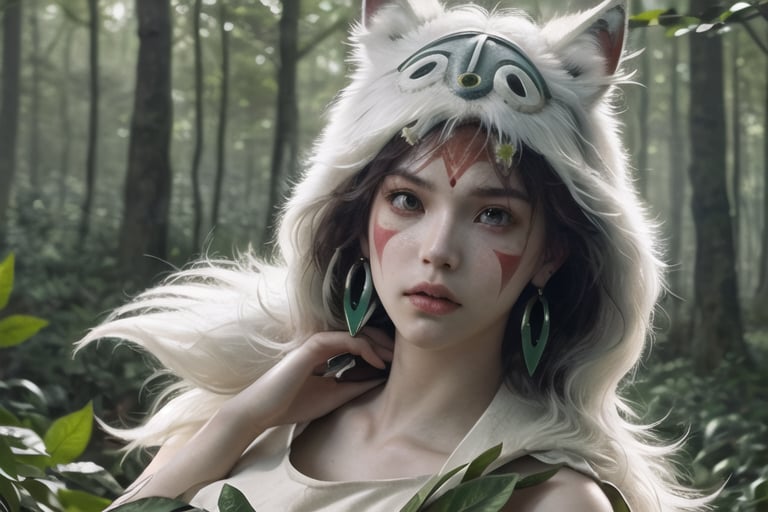 (masterpiece:1.2), (hig quality:1.2), 1girl, full view shot of beautiful princessmononoke, serious and angry, leaf -shaped earrings, high details, realistic, photography, beautifull green and bight detailed  forest at background, softfocus, 1 giant white wolf companion