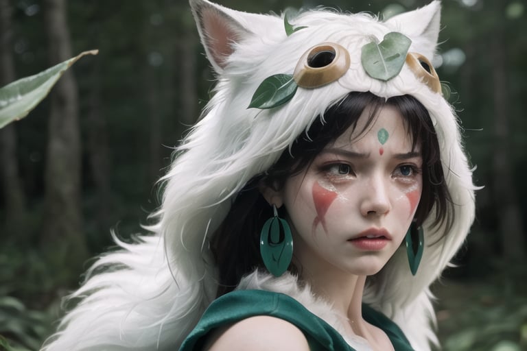 (masterpiece:1.2), (hig quality:1.2), 1girl, full view shot of beautiful princessmononoke, serious and angry, (crying:1.1), leaf -shaped earrings, high details, realistic, photography, beautifull green and detailed forest at background, softfocus, (giant white wolf:0.8) companion death