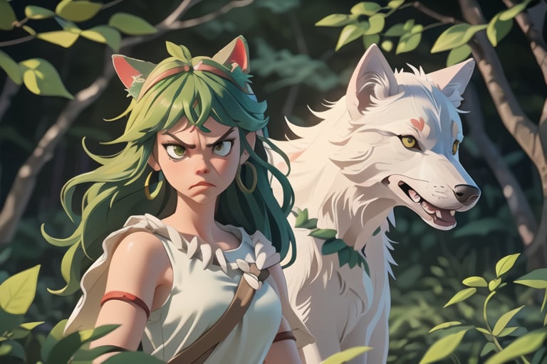 (masterpiece:1.2), (hig quality:1.2), 1girl, full view shot of beautiful princessmononoke, serious and angry, leaf -shaped earrings, high details, realistic, photography, beautifull green and bight detailed  forest at background, softfocus, 1 giant white wolf companion