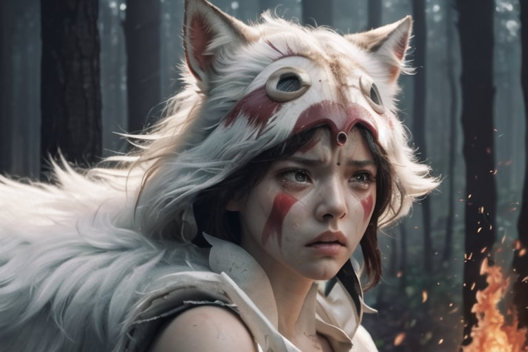(masterpiece:1.2), (hig quality:1.2), 1girl, full view shot of beautiful princessmononoke, serious and angry, (crying:1.1), details, realistic, photography, (burning forest whit fire:1.2) at background, softfocus, white wolf companion death