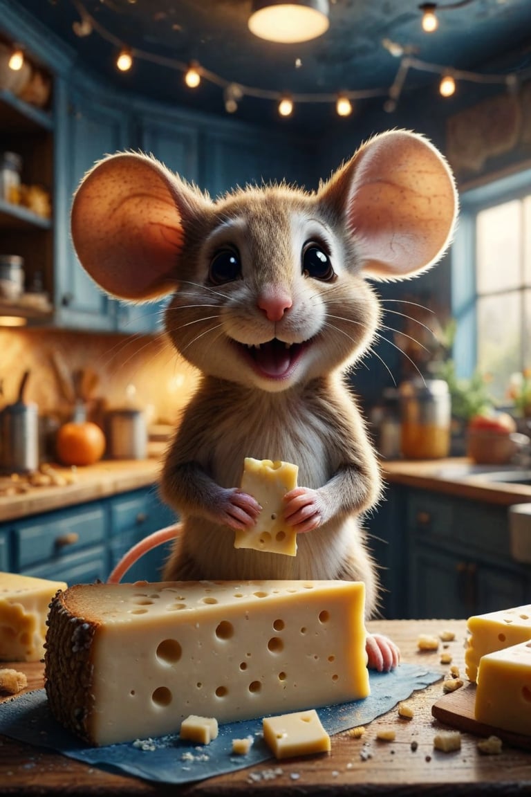 Create an image of an anthropomorphic mouse standing on a kitchen counter holding Swiss cheese, with large happy ears and an expression of joy. Include details such as scattered crumbs and additional pieces of cheese around the surface, set against a nighttime backdrop with soft bokeh lighting to enhance the warm yellow-orange tones of the cheese against cool blue surroundings.