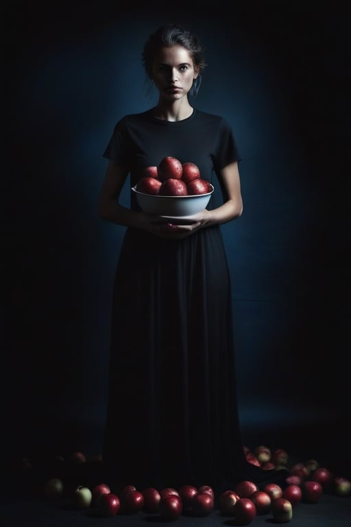 dreamlike portrait, a woman, full body, black t-shirt, long dress made of red apples, black background, blue shadows, warm lights, by Peter Lindberg, Lee Jeffries