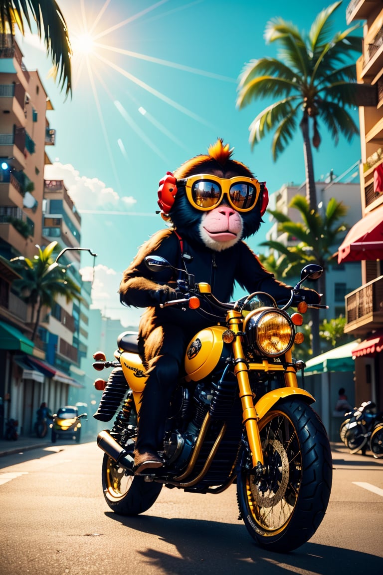 Naughty monkey on motorcycle.
  Light brown fur, intelligent eyes, aviator glasses, large helmet.
 Tropical city, busy street, palm trees, colorful buildings, bright sun, traffic, Latin music.
  Monkey drives a motorcycle at full speed, avoiding vehicles.
 Backpack with map or treasure,
  Colorful, adventurous.
  Fun, original, imaginative image