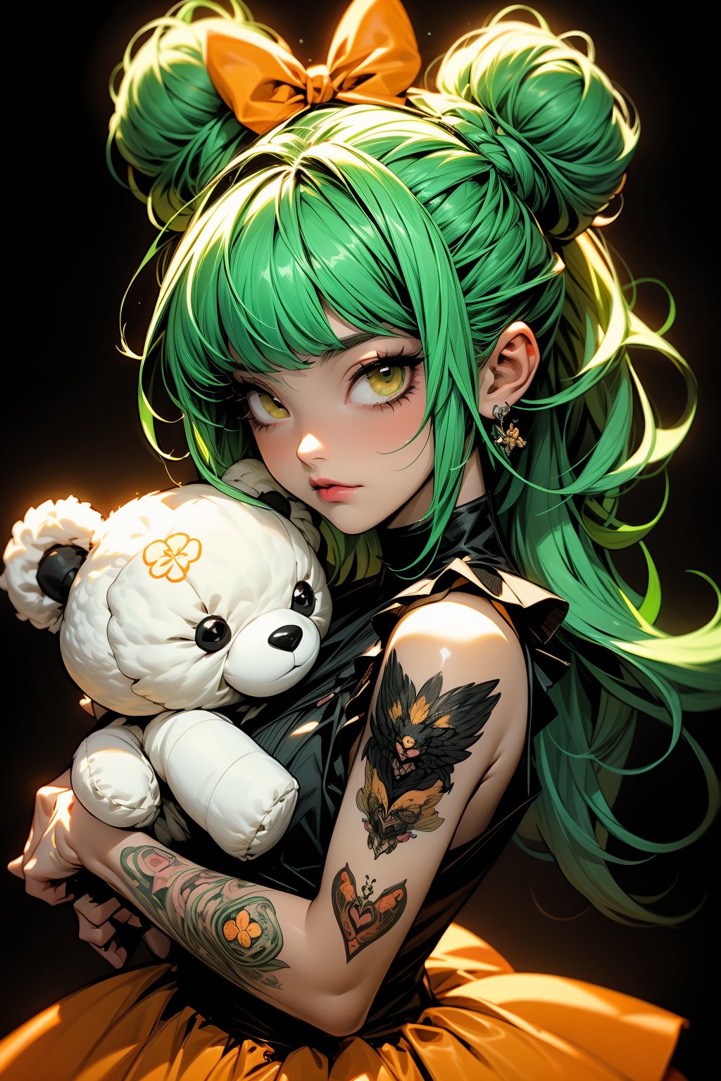 Create an image of a character with vibrant green hair styled in two large buns tied with orange bows, holding a gothic-style plush bear. Include detailed tattoos and stitches on the character's arms against a textured yellow and black grungy background.
