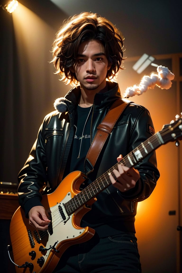 A close-up shot of a musician's figure shrouded in mystery, face obscured by shadows and wispy smoke. The musician's hands cradle a richly toned brown hollow-body electric guitar, its body gleaming warmly against the hazy orange-yellow-brown backdrop. A black leather jacket and tattered black pants clad the artist, exuding an air of rebellious nonconformity. The camera captures the musician's rugged silhouette amidst swirling vapors, creating a moody atmosphere of creative intensity.