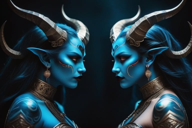 dream photography, two demon goddesses, facing each other, intricately detailed, look. to camera, detailed eyes, warm lights, shadows with blue tones, soft light