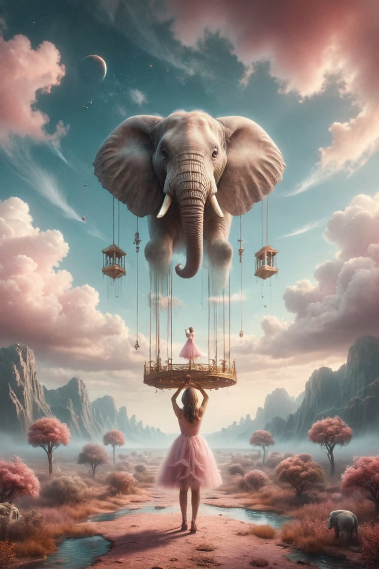 Create an image featuring a surreal scene with a pastel blue sky and fluffy white clouds. Include a large golden wheel-like structure in the center, with an upside-down elephant hanging by its trunk from the wheel. On top of this structure, place an individual in a pink dress standing and gazing into the distance. The overall tone should be soft and dreamlike, evoking an ethereal feeling.
