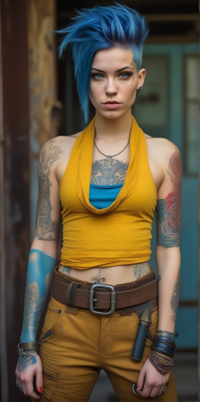 A young woman in a post-apocalyptic cyberpunk style, blue dyed hair with shaved sides and long top, face tattoos including "NOT YOURS" on forehead. Wearing bright yellow crop top and worn brown pants. Intricate blue and red tattoos covering body. Brown scarf around neck, leather straps across torso. Belt with pouches and sword handle. Serious, defiant expression. Solid yellow background. Hyper-realistic digital art style.