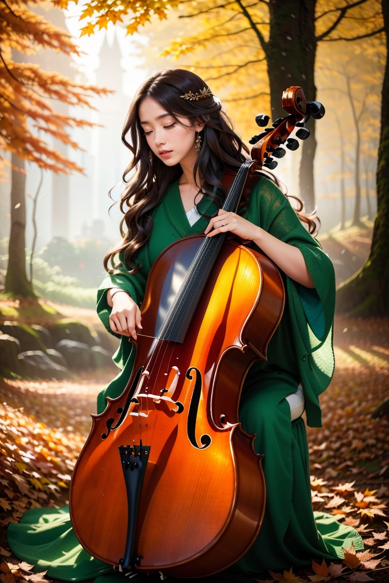 Create an image of an individual with long, wavy hair blending into an autumnal forest background while playing a cello. Include details such as leaves in shades of brown, orange, and green fluttering around and a distant castle-like structure emerging through the mist. The individual's attire should have textured patterns that complement the natural surroundings.
