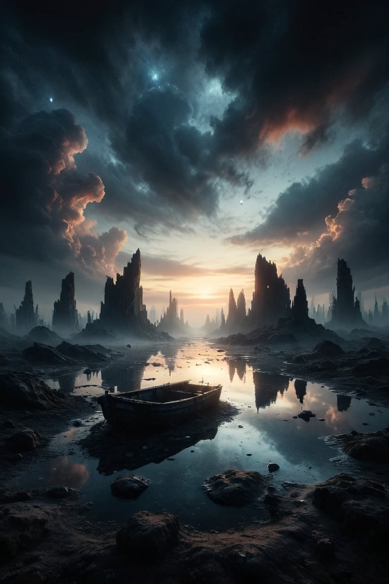 In the stillness of an otherworldly dusk, slender silhouettes with eyes like cosmic pools stand against the backdrop of an imminent odyssey. Above, vessels of unknown origins punctuate the brooding sky, a silent overture to the symphony of the unknown.
