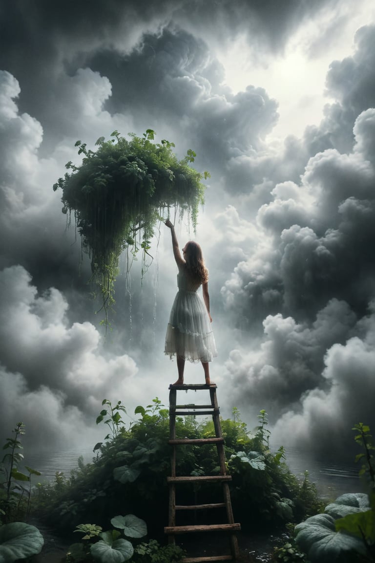 Create an ethereal scene featuring an individual in a white dress standing atop a voluminous cloud, tenderly watering lush greenery on another cloud beneath with clear water cascading down like rain. Include details such as the wooden ladder leading up to the clouds, capturing the soft grey misty background that enhances this surreal atmosphere.
