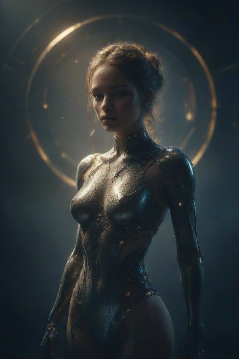 Creates an image of a very sensual and sexy robot woman standing on a dark blue background with a 
Metallic futuristic suit with light and dark glitter effects, shiny silver shoes and multiple gold necklaces.