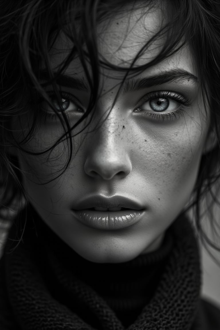 Genera un retrato en blanco y negro, inspirado en el estilo fotográfico de Peter Lindbergh, de una mujer joven mirando directamente a la cámara con una expresión íntima y profunda. La **iluminación** debe ser suave y natural, evitando perfección exagerada, y enfocándose en capturar la esencia humana y la belleza natural de la mujer. Las sombras y luces deben acentuar las líneas y texturas del rostro, destacando su expresión emocional y vulnerable. El rostro de la mujer está desprovisto de maquillaje o con un toque muy sutil, resaltando la autenticidad y la imperfección que Lindbergh valoraba en sus retratos.

Los **detalles precisos** incluyen una mirada profunda, con ojos que transmiten historia, fuerza y fragilidad al mismo tiempo. Su cabello está ligeramente despeinado, cayendo de manera descuidada alrededor de su rostro, dándole un aspecto natural y sin artificios. La expresión de sus labios es relajada, con una leve separación que añade un toque de naturalidad y espontaneidad. La textura de su piel, con todas sus pequeñas imperfecciones, poros y arrugas sutiles, debe ser capturada fielmente, realzando la belleza real sin retoques ni filtros.

El **fondo** es simple y desenfocado, típicamente neutro, con tonos de gris que no distraen la atención del rostro. La imagen utiliza una profundidad de campo mínima, con un enfoque absoluto en el rostro de la mujer y el resto en un suave desenfoque. El blanco y negro debe estar lleno de contrastes suaves, pero sin perder la delicadeza de las sombras, creando un ambiente crudo, emocional y lleno de vida.

Asegúrate de que la imagen **transmita una sensación de humanidad, autenticidad y conexión emocional**, características clave del trabajo de Peter Lindbergh. La mujer debe parecer fuerte pero accesible, mostrando su belleza sin la necesidad de adornos, con una conexión directa entre su mirada y el espectador.

Los **elementos adicionales** son mínimos, con toda la atención en el rostro y la expresión de la mujer. La imagen debe ser extremadamente detallada, con un enfoque en el realismo emocional, capturando la intimidad de la interacción con la cámara en un estilo clásico y atemporal.
