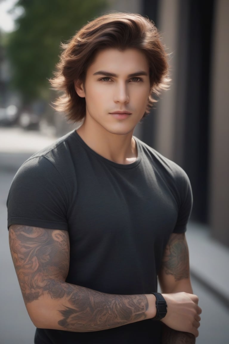 Create an image of a person looking at the camera, with voluminous wavy brown hair highlighted by sunlight, against a blurred urban background. Includes detailed elements such as a tattoo on the left arm in dark ink with red accents and earth-toned clothing with prints.