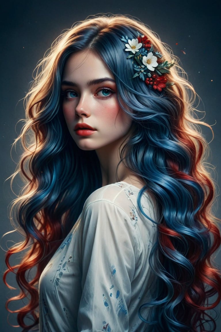 Create an illustration of a character with long wavy hair featuring a striking color palette that includes white, blue, and red tones. The hairstyle should flow naturally and give a sense of movement. Include intricate details that capture the texture and sheen of the hair strands.
