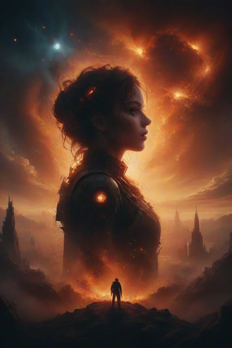 Create an image that shows a person looking 
to camera with his head slightly turned to show his profile. Within the silhouette of her elaborate hairstyle, an intricate sci-fi scene is depicted filled with spaceships locked in battle amid fiery explosions and distant planets against a starry sky backdrop. Use vibrant colors, including warm oranges and reds, to create explosions.