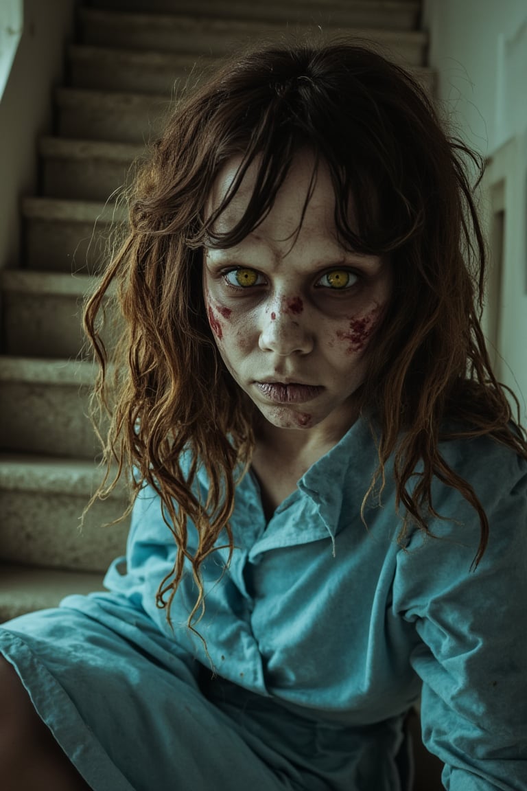 photography of photography of photography of exregan in a gore scene of horror,  brown hair,  yellow eyes,  Evil expression,  wearin a blue dress,  staircase behind,  indoor lighting,  neutral colors,  sitting down,  one arm resting,  head slightly tilted,  close-up shot,  low angle,  direct perspective,  shallow depth of field,  indoor,  laser lighting,  sun rays,  (abstract:1.3),  (from behind:1.2),  shot on Sony A9 II with Sony FE 24-70mm f-2.8 GM,  photo by Marta Bevacqua 