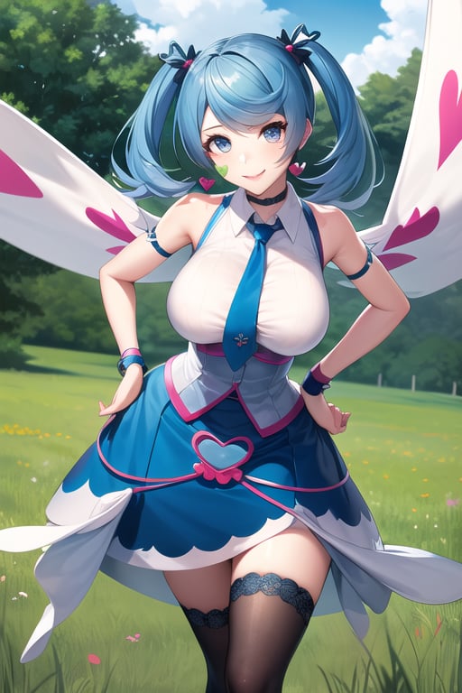 masterpiece, best quality, highres, heart hair ornament, ba1, 1girl, solo, jewelry, necktie, skirt, sleeveless, blue necktie, choker, breasts, black thighhighs, shirt, dress, blue skirt, skirt_ornament, wings, four-leaf clover_facial_tattoo, , standing, cowboy shot, smile, grass, field, leaning forward, hand on hip, 1boy, paizuri, 