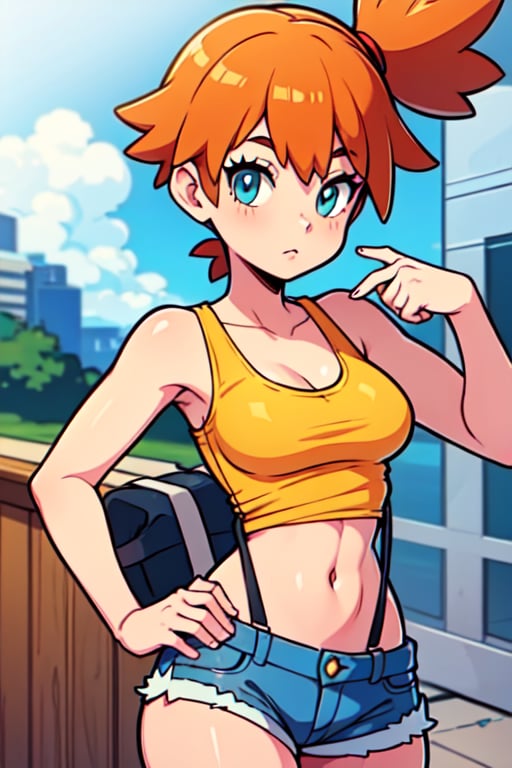 1girl, misty_(pokemon), orange_hair, denim, denim_shorts, aqua_eyes, ponytail, short_hair, side_ponytail, shirt,(masterpiece), yellow_shirt, yellow shirt, navel, suspenders, tank_top