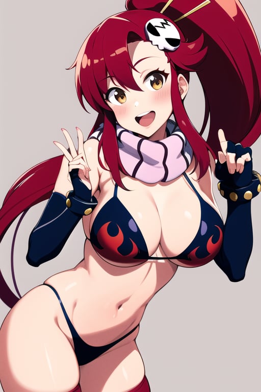 masterpiece, best quality, highres, yl1, ponytail, scarf, bikini top only, midriff, fingerless gloves, skull hair ornament, elbow gloves, pink thighhighs, cowboy shot, moor, smile, open mouth, heart hands, bikini, swimsuit, yoko_littner, black_bikini, blush, large_breasts, (abs:0.6)