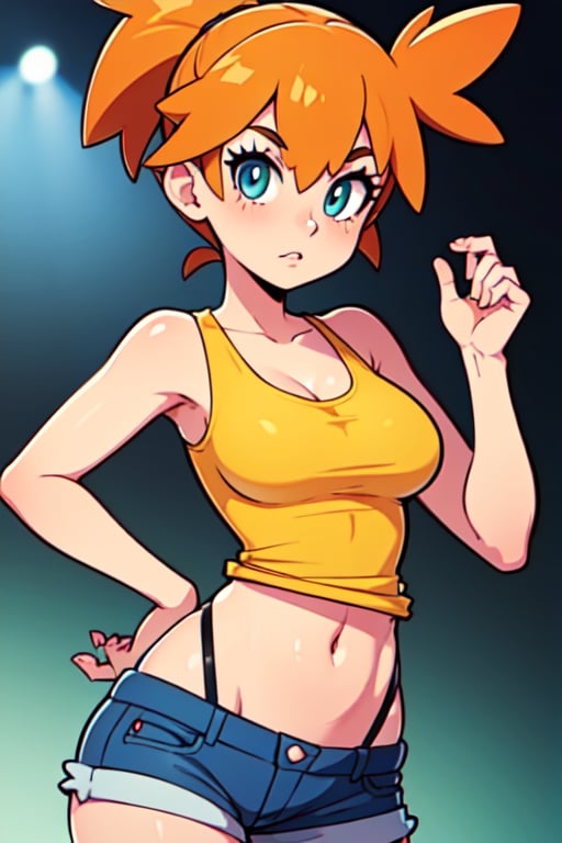 1girl, misty_(pokemon), orange_hair, denim, denim_shorts, aqua_eyes, ponytail, short_hair, side_ponytail, shirt,(masterpiece), yellow_shirt, yellow shirt, navel, suspenders, tank_top