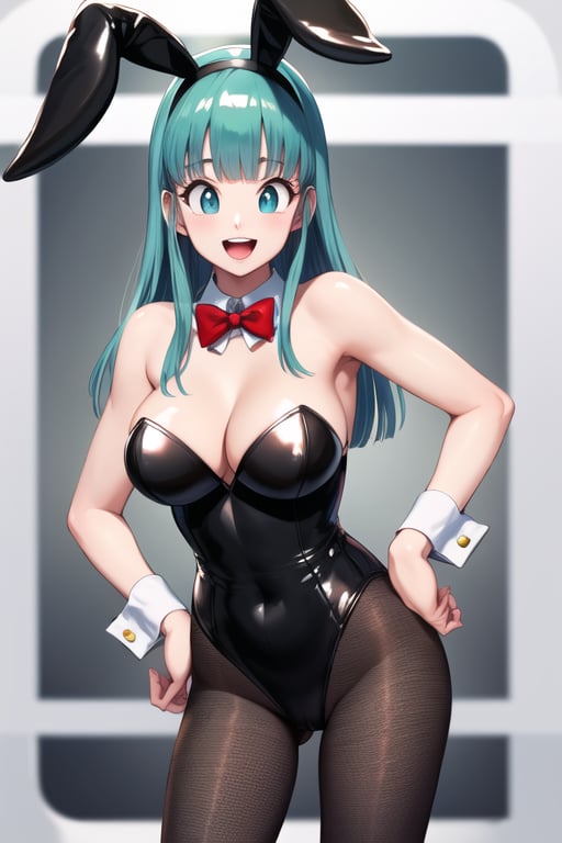 masterpiece, best quality, highres, dragon ball, blmlong, aqua hair, blunt bangs, long hair, playboy bunny, rabbit ears, black pantyhose, red bowtie, wrist cuffs, black leotard, large breasts, , cowboy shot, hand on hip, smile, open mouth, salute,