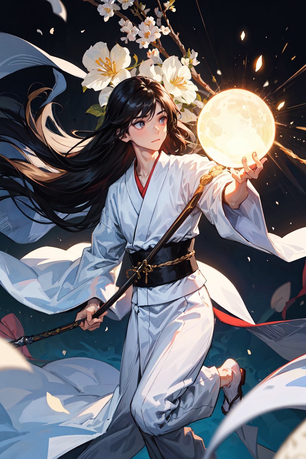 A boy with long black hair, wearing a white flowered kimono, holding a white staff with a transparent glowing orb 