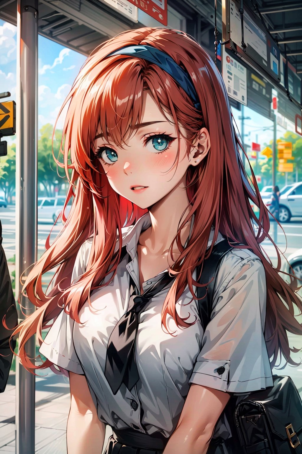 (Incredible quality art masterpiece), A red-haired girl wearing school uniform, long hair, blue headband, waiting for the bus, cute expression, expressive green eyes.,SAM YANG