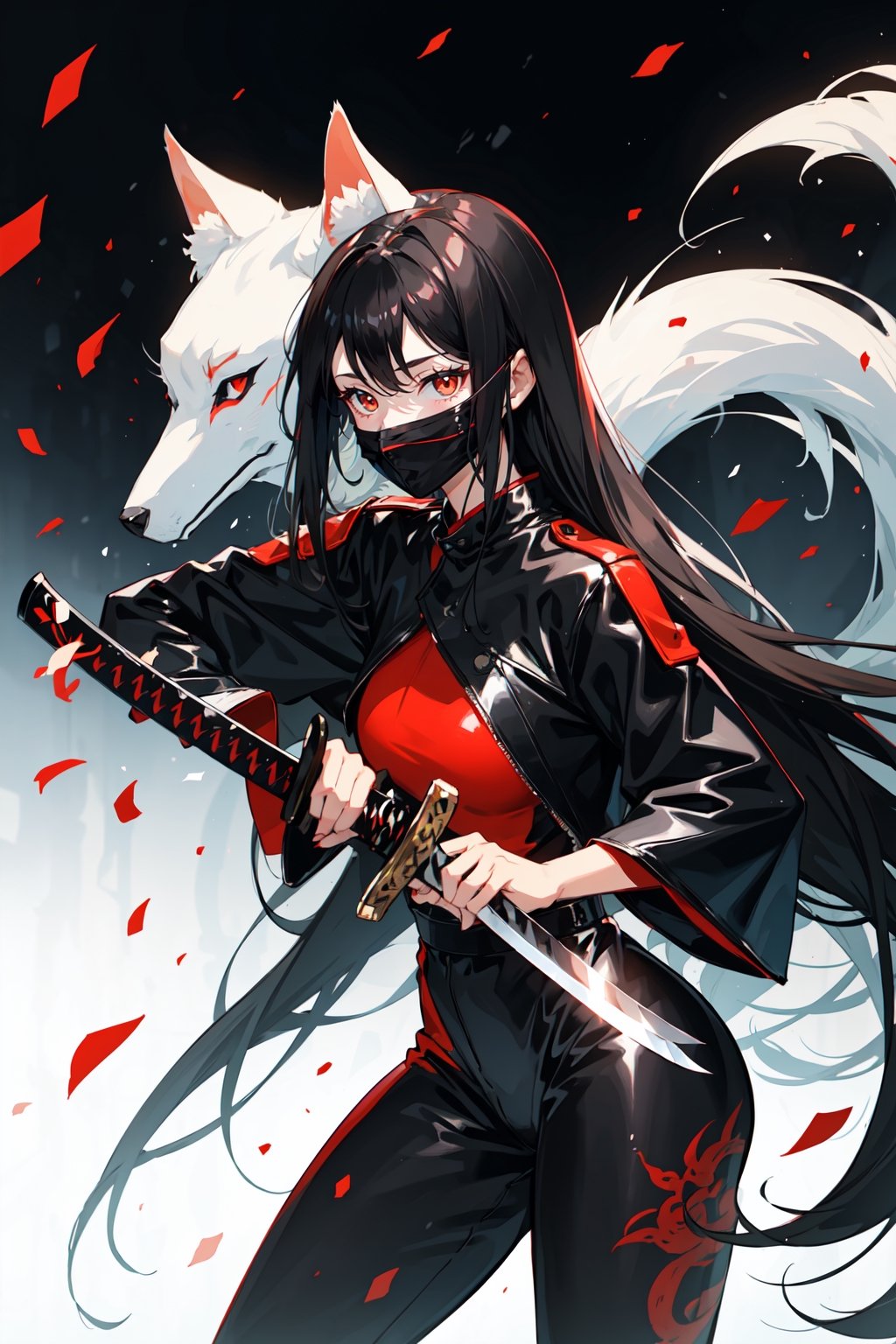 A girl with long black hair wearing a white kitsune mask with red designs, wearing a black leather jumpsuit and holding a katana sword in her hands 