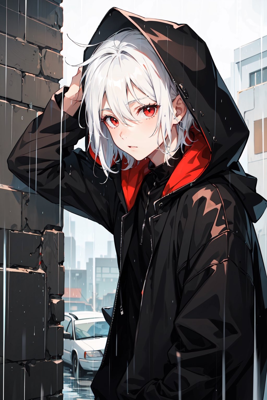 A boy with white hair wearing a hood and black clothes in the rain, highlighted by his red eyes.