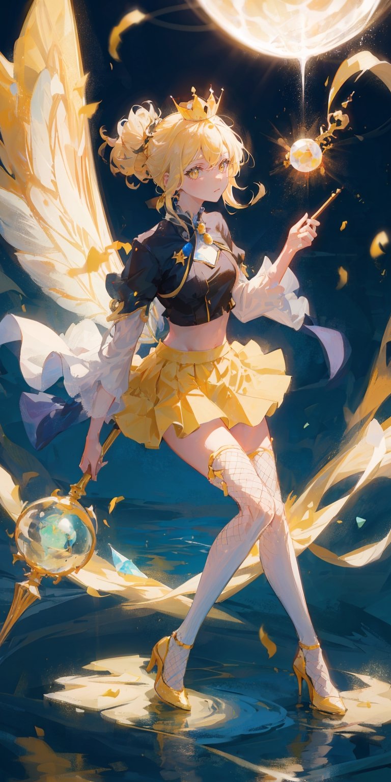 A solar fairy, with a blue crown on her head, yellow eyes, long blond hair tied up in a mary jane, wearing a yellow top, short yellow skirt, fishnet stockings, blue crystal high heels, transparent fairy wings, holding a spherical staff in a lake setting. 