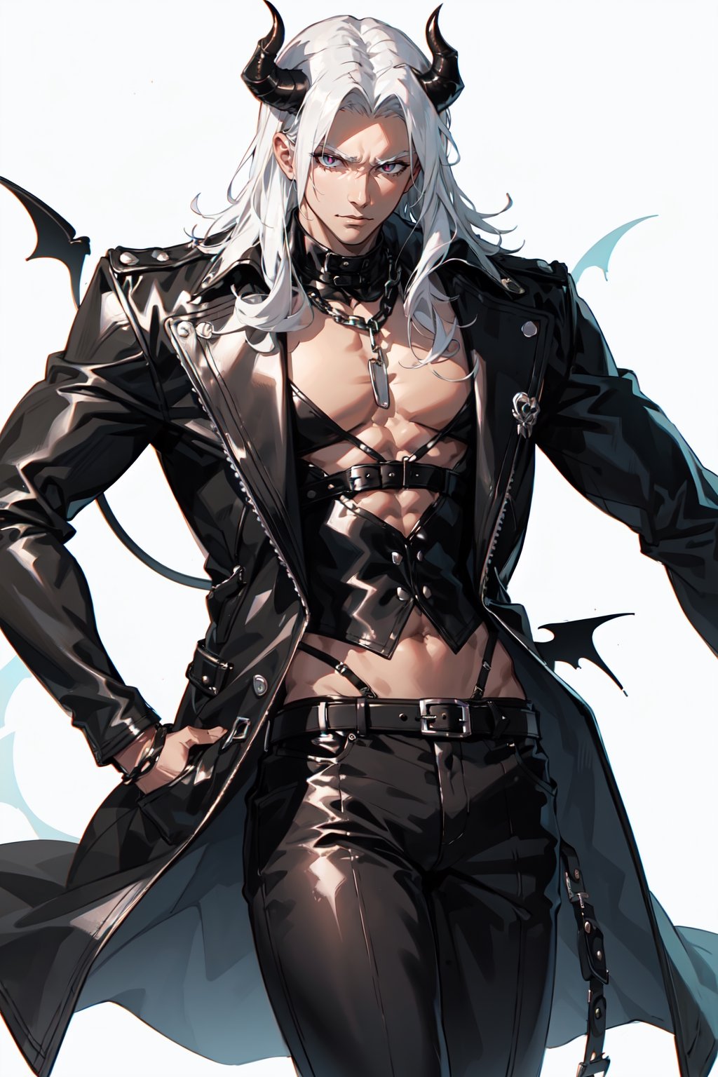 A male demon with white hair wearing black leather clothing in a hellscape