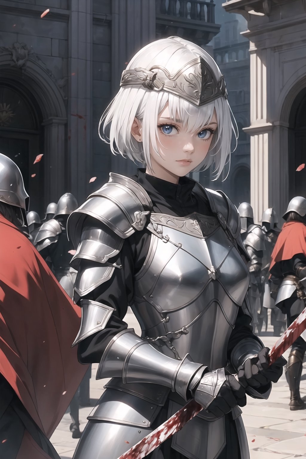 A pretty girl with short white hair, wearing silver armor and a European helmet, in a bloody battle