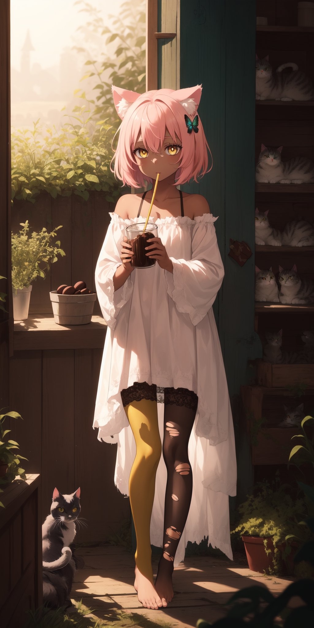 A girl with cat ears, short pink hair, chocolate brown skin, intense yellow eyes, thin irises, dilated pupils, tattered torn second-hand clothes, barefoot, with torn lace tights, fluffy cat tail, rustic cinematic lighting, farm scenery, bush, straws, animals, dragonfly, full_body