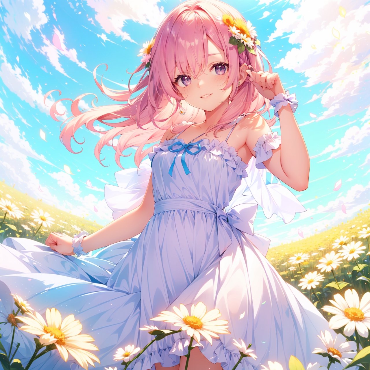 A cute girl with pink hair, lilac eyes, white skin, wearing a yellow dress, with pretty bows in her hair, field background with several daisies.