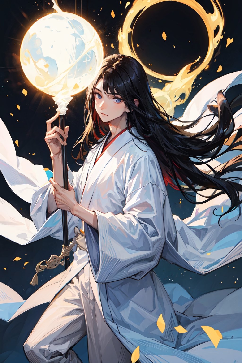 A boy with long black hair, wearing a white flowered kimono, holding a white staff with a transparent glowing orb 