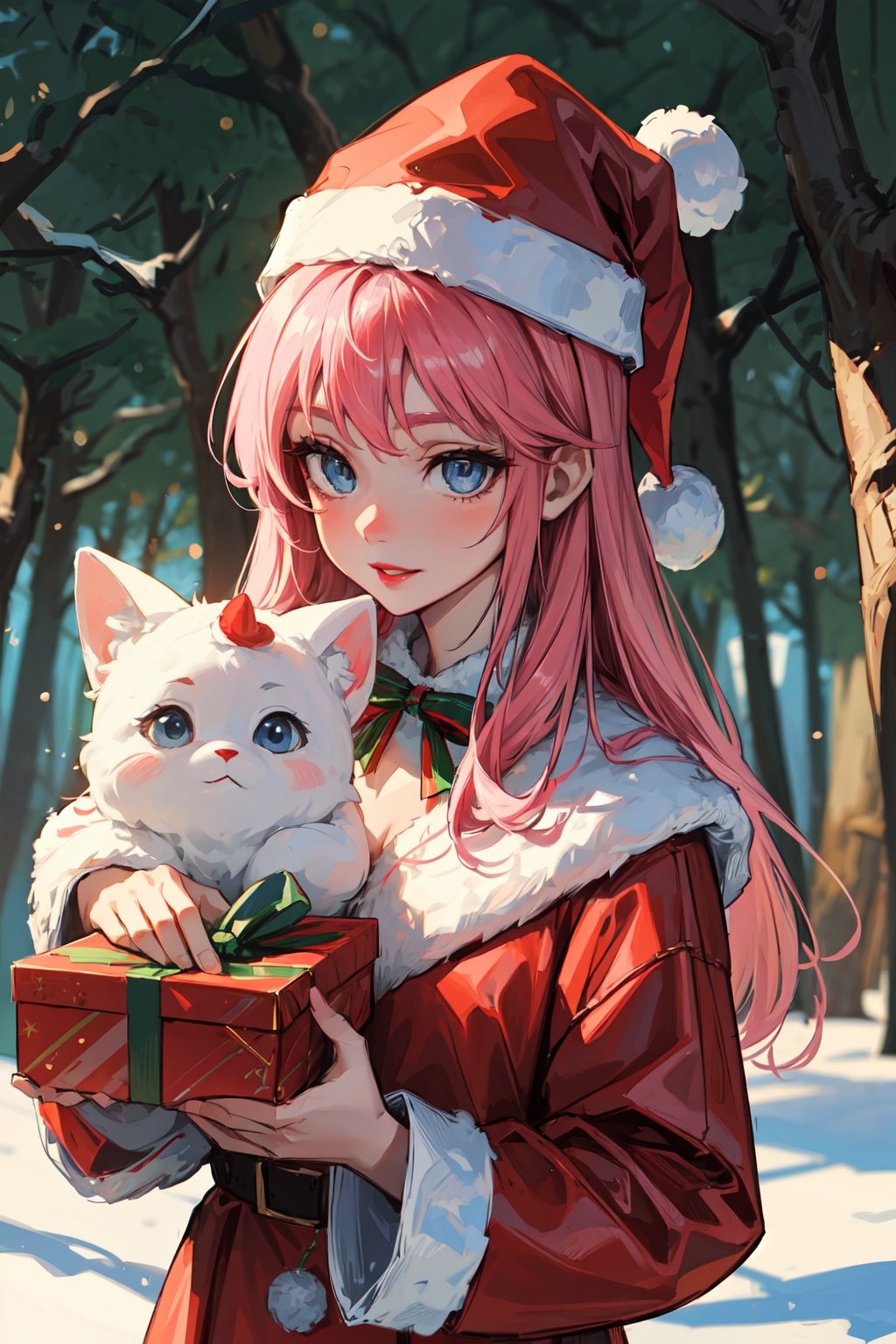 A cute girl with pink hair, blue eyes, pale skin, red lips wearing a Santa hat and Christmas clothes holding various presents in a forest with various animals around her