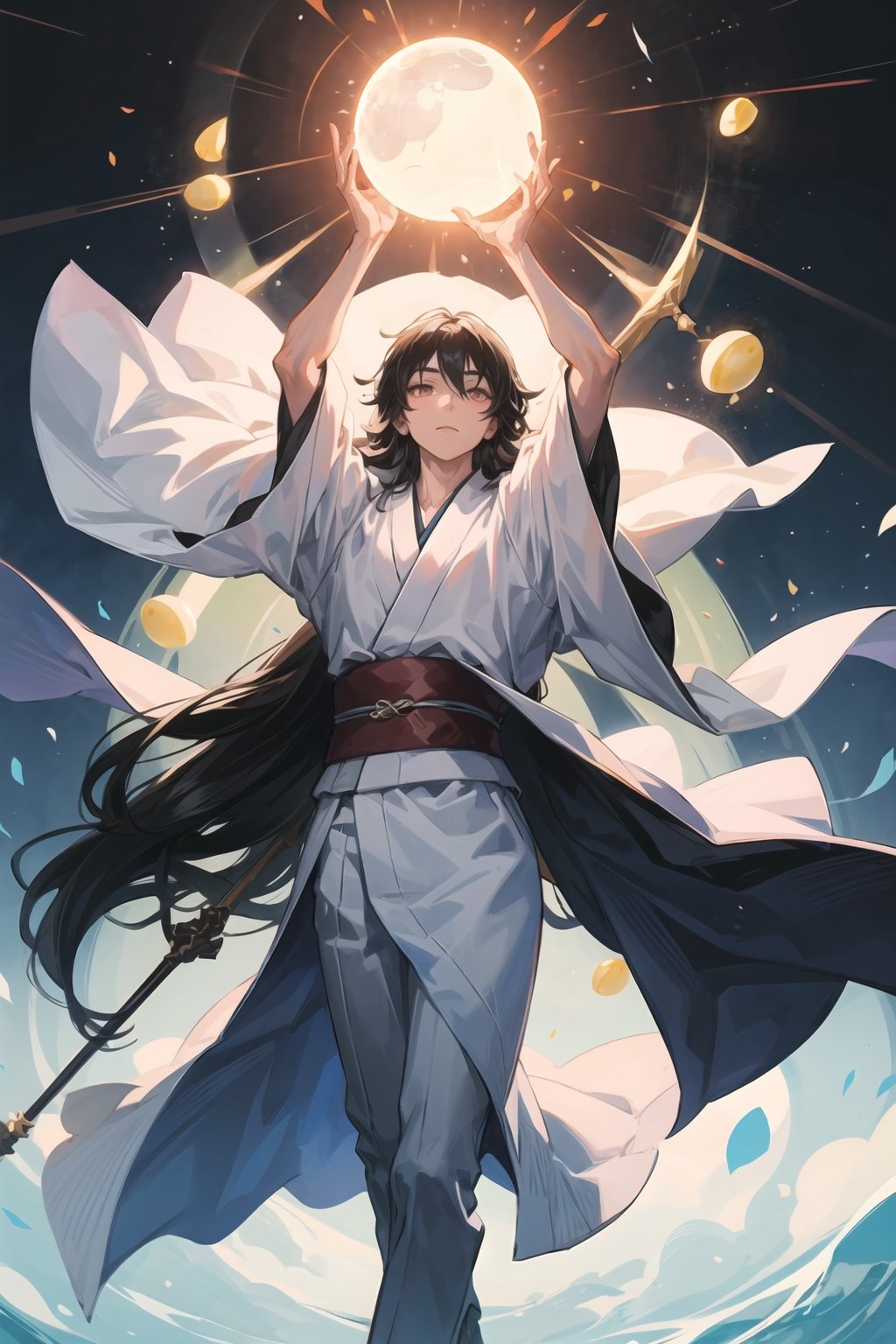 A boy with long black hair, wearing a white flowered kimono, holding a white staff with a transparent glowing orb 