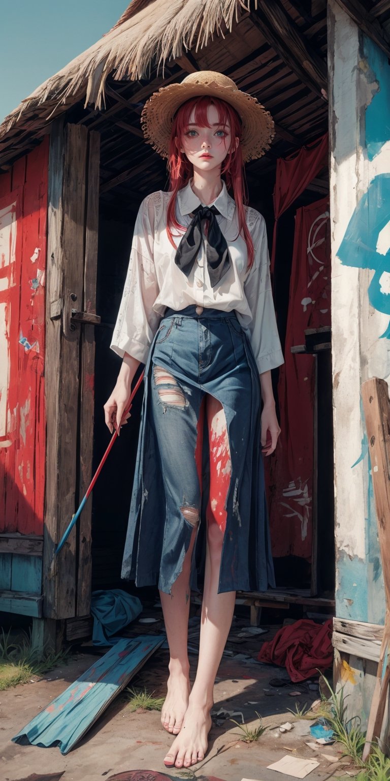 A girl with a straw hat, wearing a holey, dirty, worn-out blue blouse, long red, red hair, pale skin, tender and intense gaze wearing a black skirt with pop art graffiti style stains, a scene of huts, humble houses, she is barefoot.