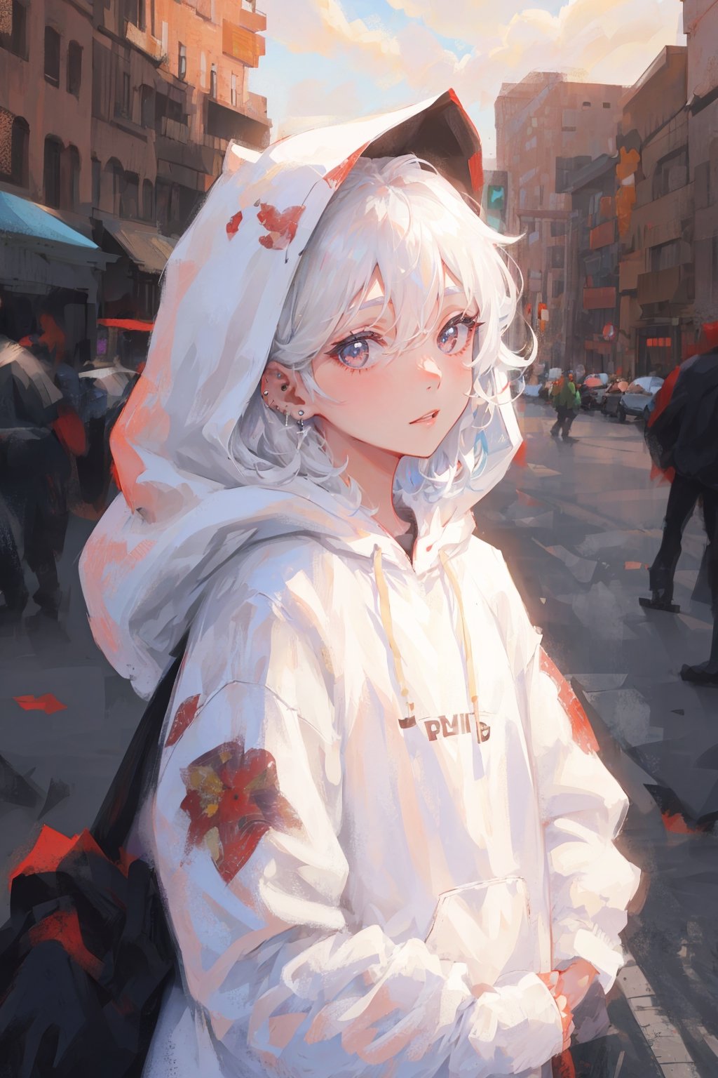 spider_oc, 1girl, long hair, wavy hair, white hair, white eyes, pale skin, hair between eyes, closed mouth, piercing, lips piercing, animification, hood, white hoodie, city, looking at viewer, solo, 