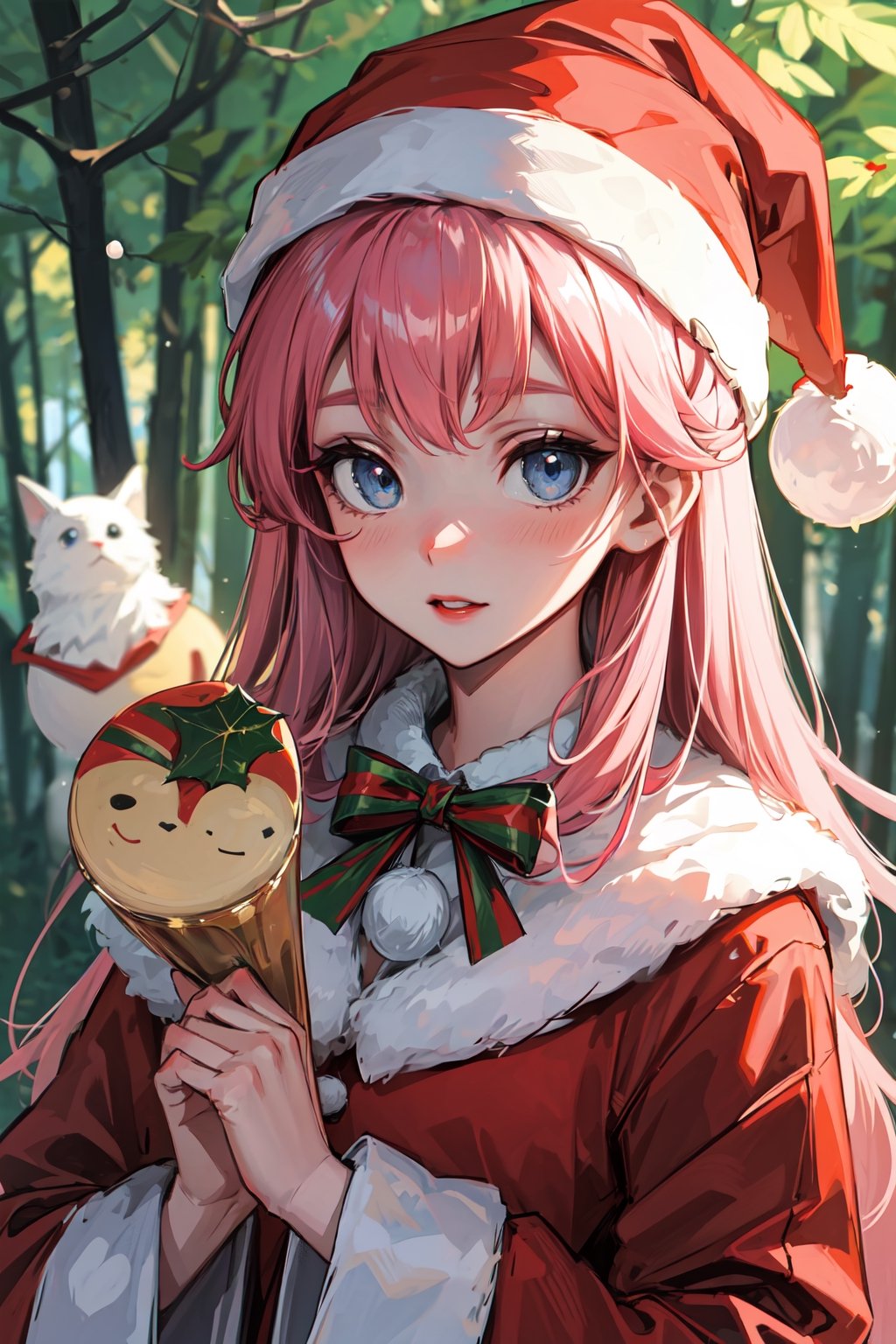 A cute girl with pink hair, blue eyes, pale skin, red lips wearing a Santa hat and Christmas clothes holding various presents in a forest with various animals around her