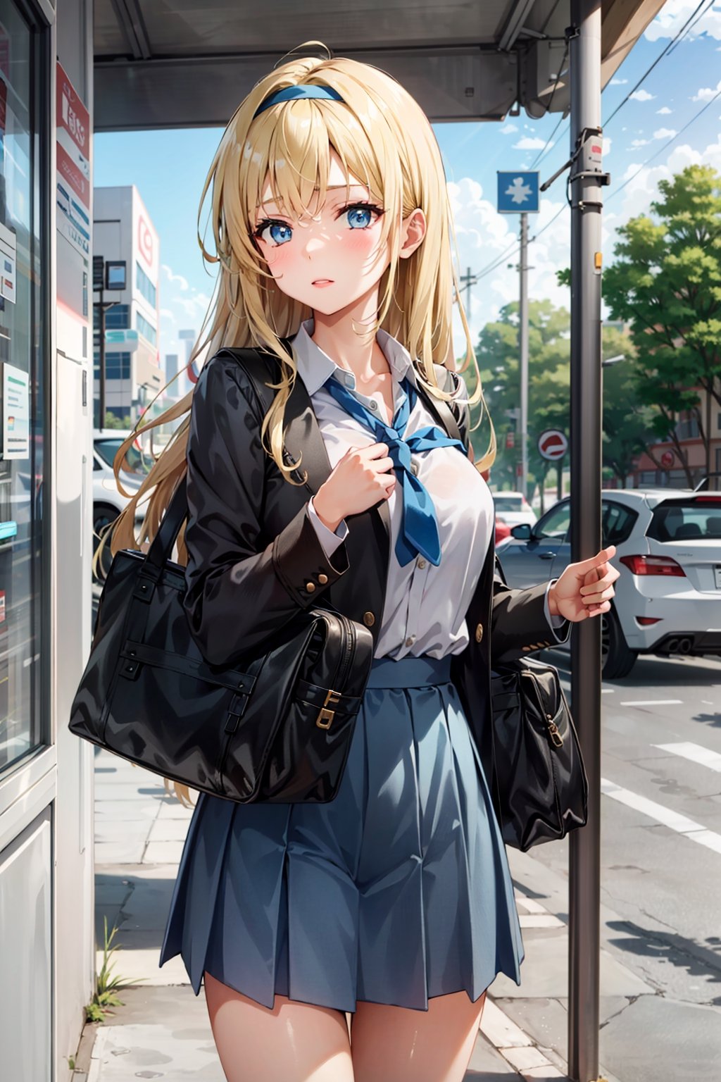 A blonde-haired girl in school uniform, long hair, blue headband, waiting for the bus.