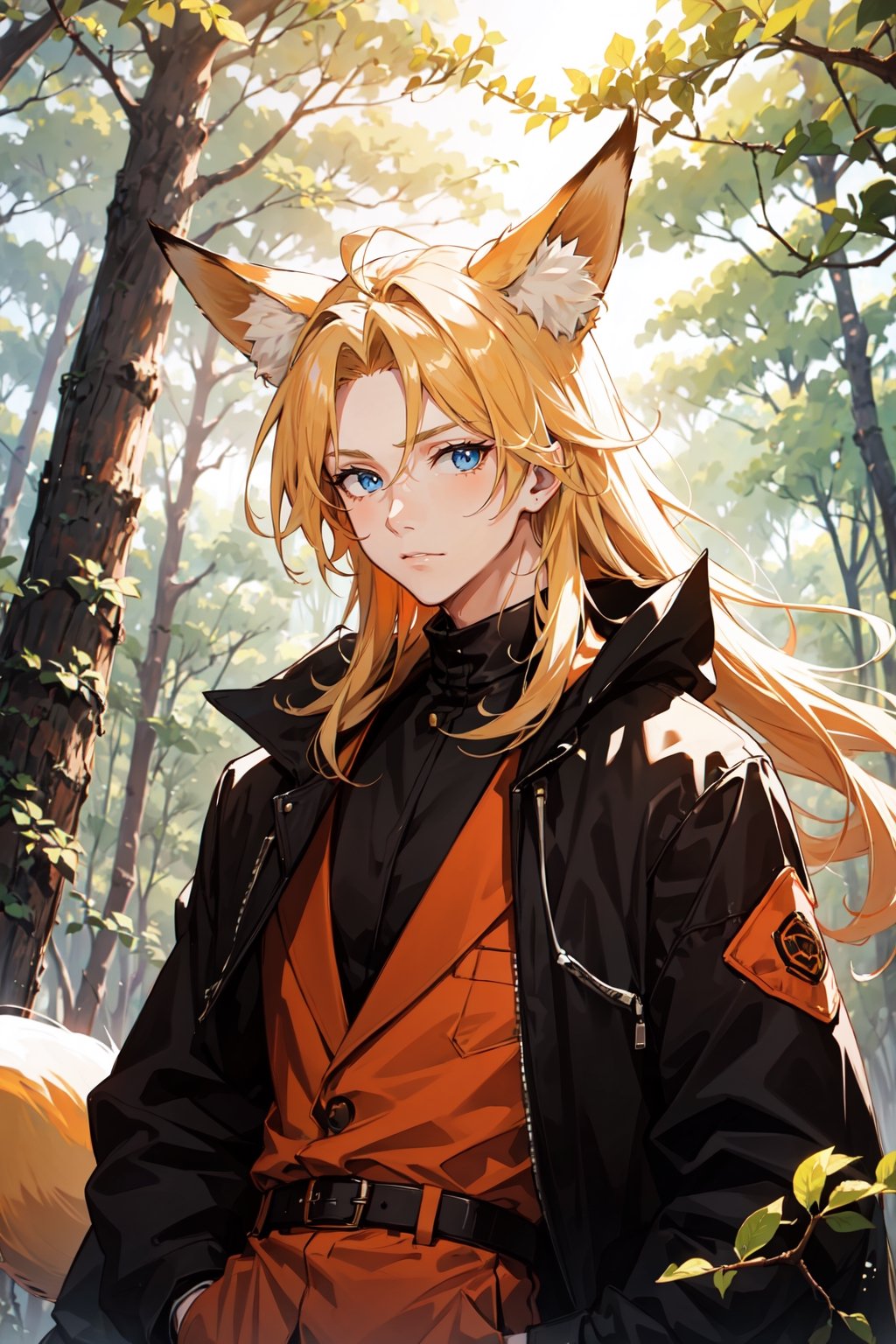 A cute boy with fox ears, long blond hair, blue eyes, wearing an orange jumpsuit in a daytime forest with great lighting 