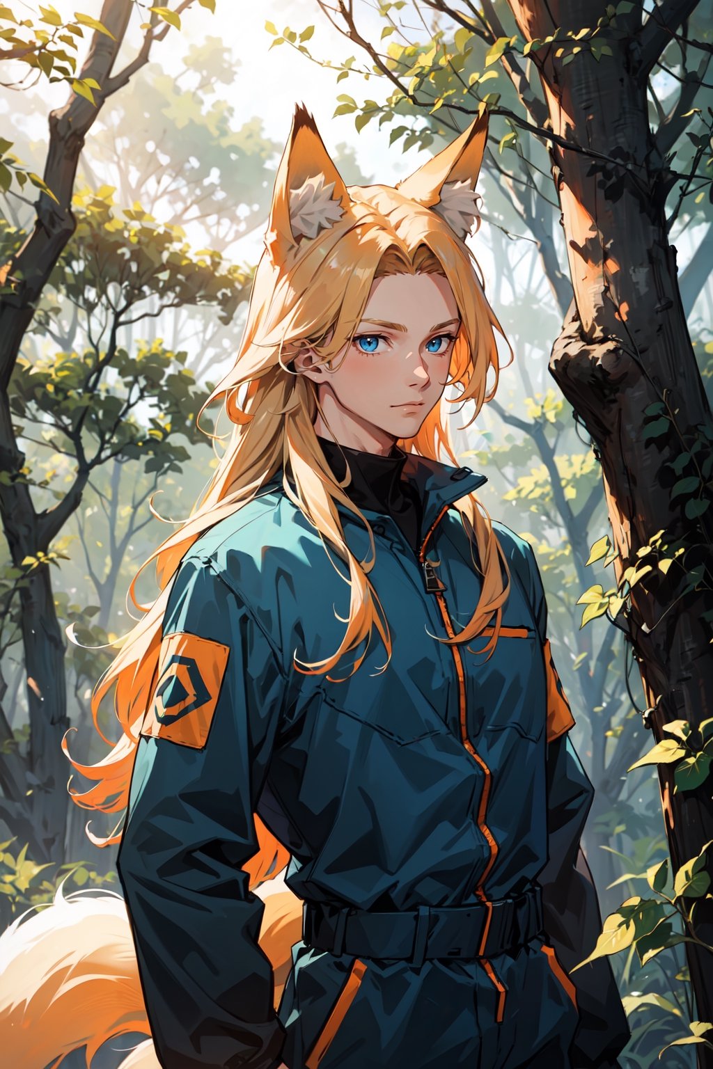 A cute boy with fox ears, long blond hair, blue eyes, wearing an orange jumpsuit in a daytime forest with great lighting 