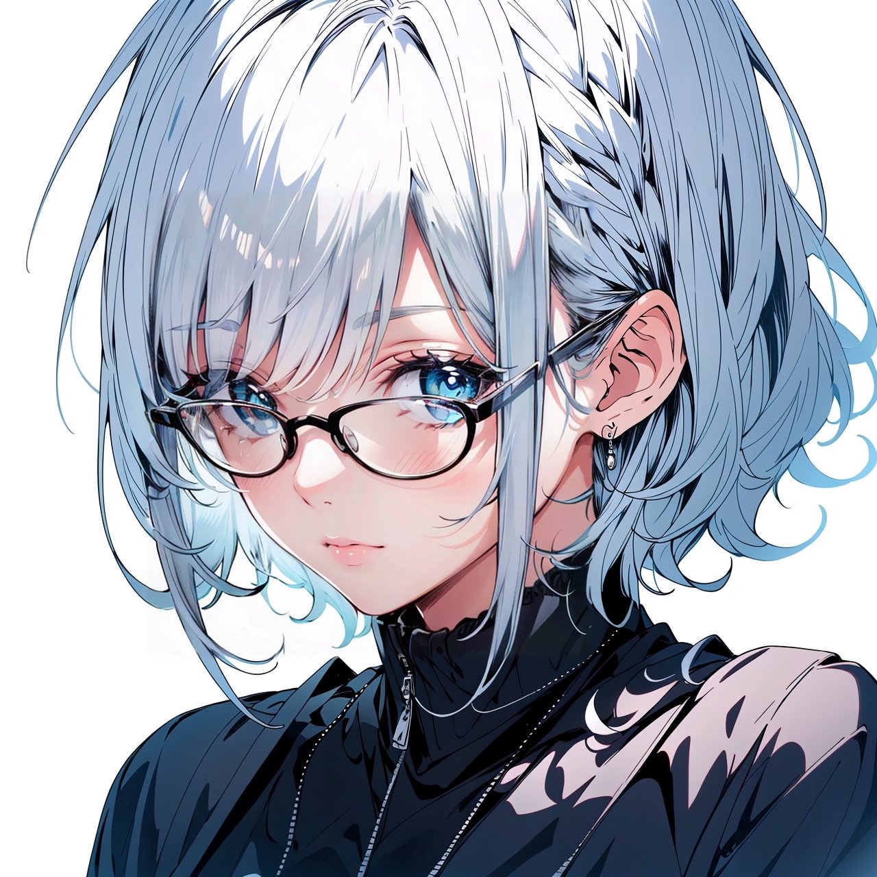 Craft a girl in glasses with short white hair, a long fringe covering her eyes. Illustrate in high resolution, emphasizing a blend of realism and mystery in the style.