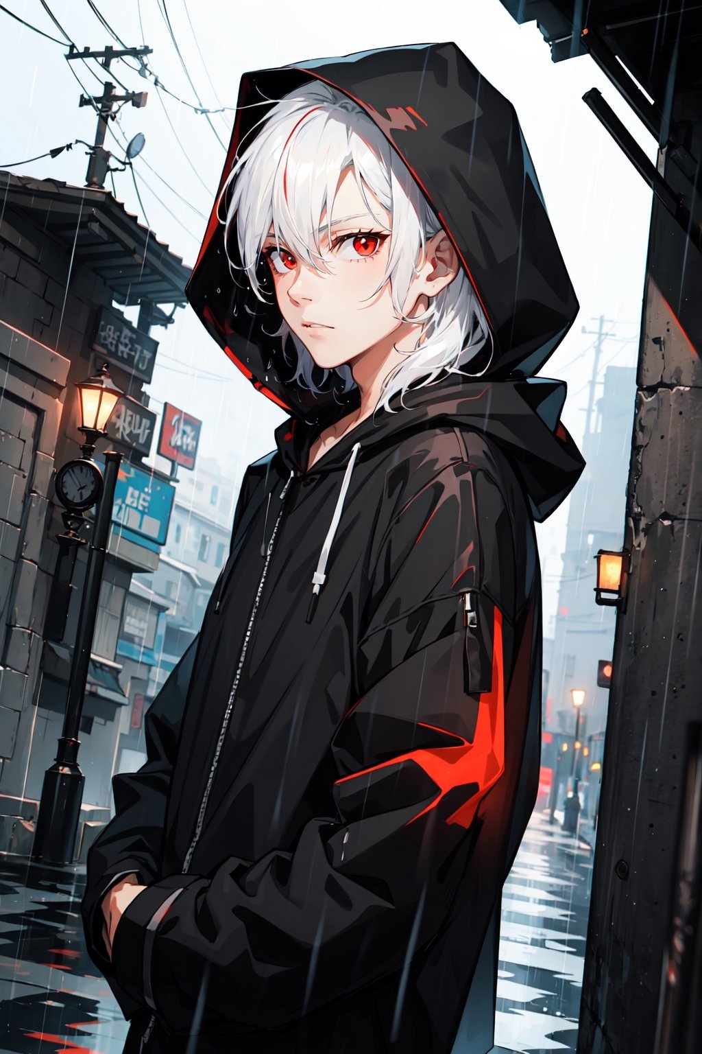 A boy with white hair wearing a hood and black clothes in the rain, highlighted by his red eyes.
