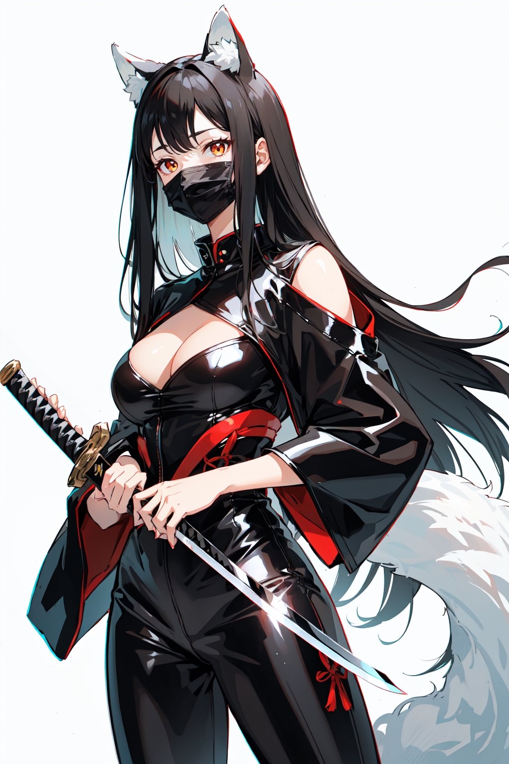 A girl with long black hair wearing a white kitsune mask with red designs, wearing a black leather jumpsuit and holding a katana sword in her hands 